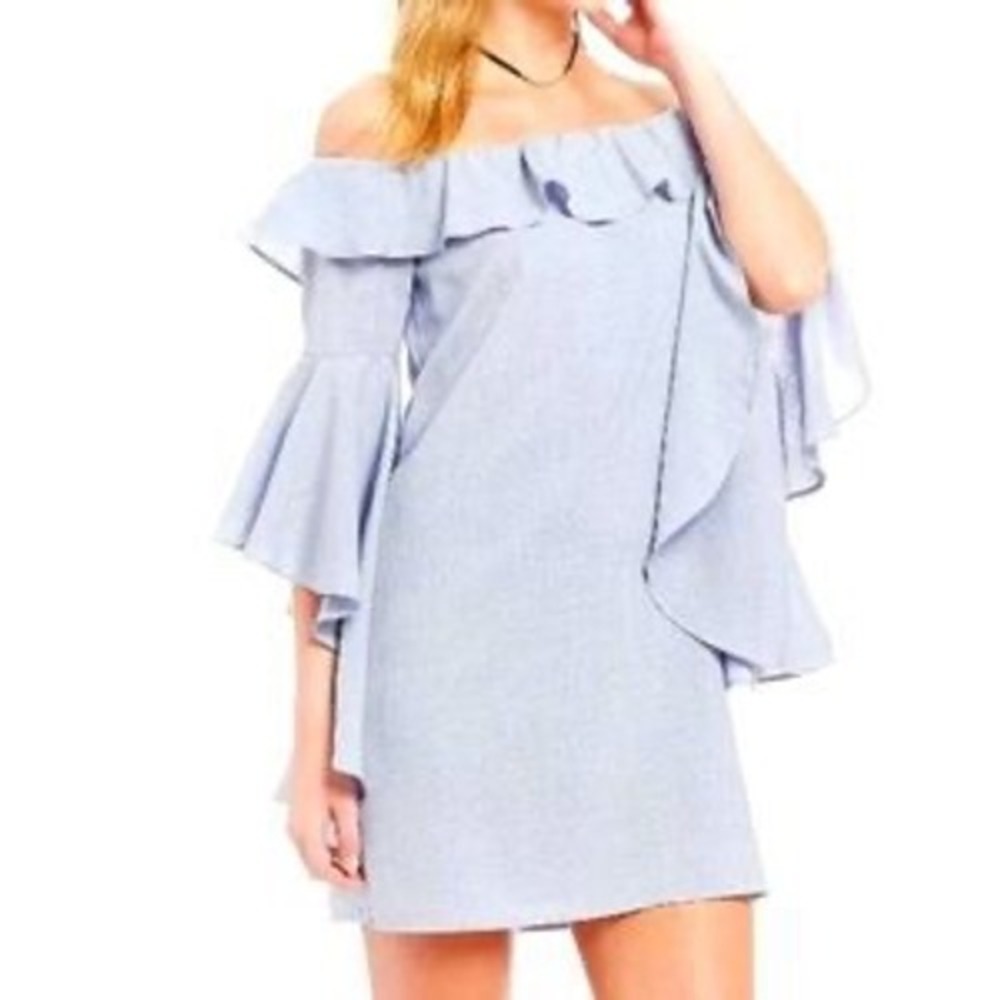 Wayf Kiera Blue Chambray Off The Shoulder Ruffle Shift Dress Size Medium